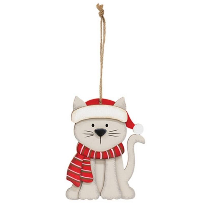 Layered Wood Cat Ornament in Santa Hat and Scarf Holiday Christmas Tree Hanging Decor - 4.5" H x 3" W x .25" D