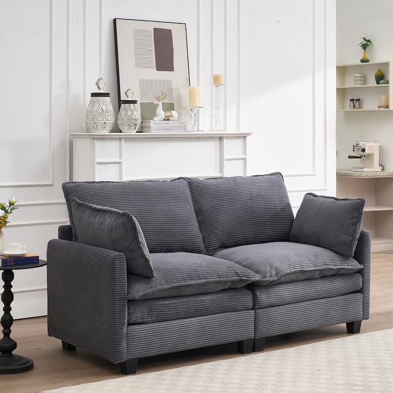 Corduroy Upholstered Loveseat Sofa Deep Seat Modular 2 Seater Couch with Double Cushions and 2 Lumbar Pillows for Living Room