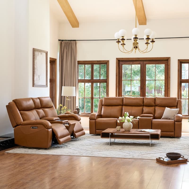 Spruce & Spring Hadlee Genuine leather Reclining Sofa with Multi-Function Console.