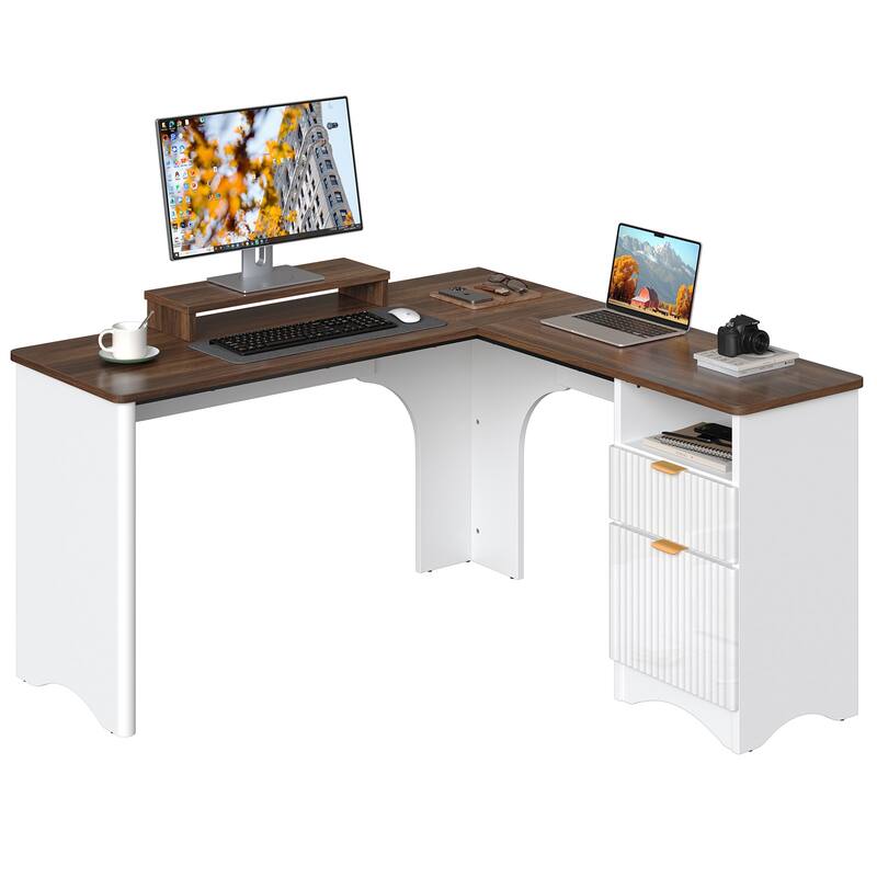 Bestier 56"W Modern L-Shaped Corner Computer Desk With Filing Drawer
