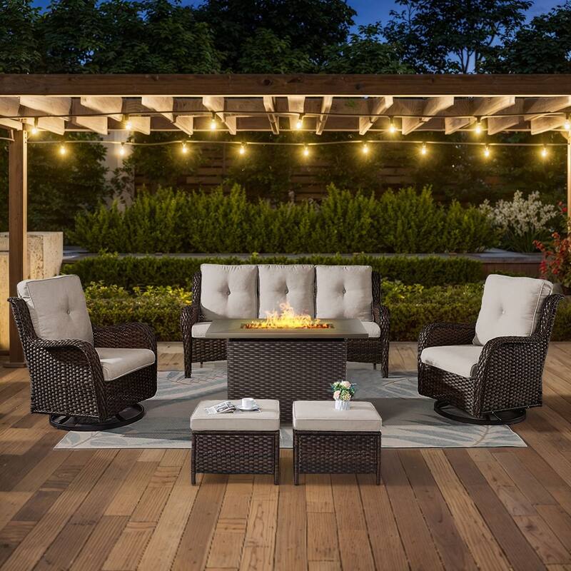 Gymojoy 6-Piece Outdoor Wicker Patio Furniture with Fire Pit Table, Rattan Coversation Set with Water Resistant Thick Cushions