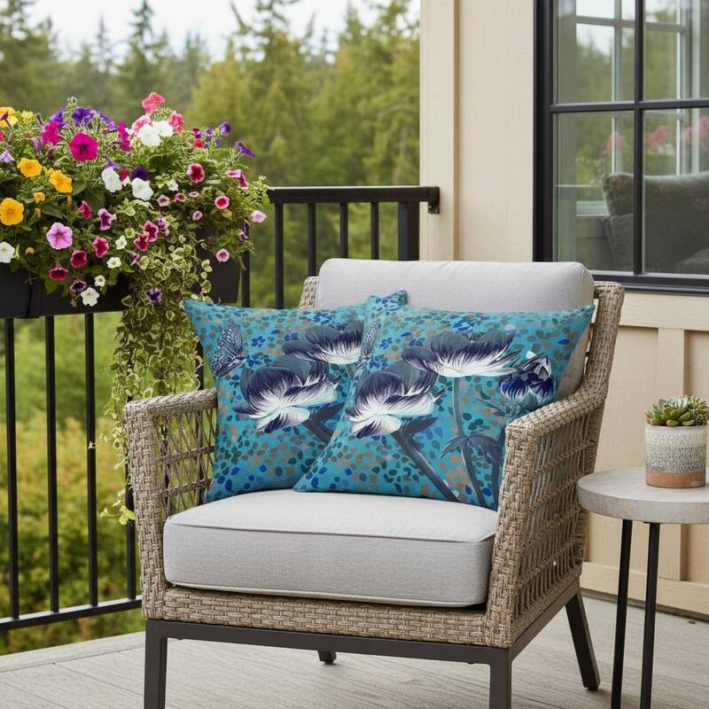 HomeRoots Set of Two 16" X 16" Blue and Green Butterfly Blown Seam Floral Indoor Outdoor Throw Pillow - 16.00' X '16.00' X '5.00 - Blue/Green - 16.00' X '16.00' X '5.00