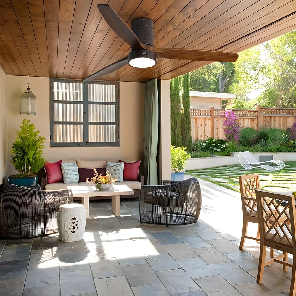 52" Flush Mount Wood Ceiling Fan with Dimmable LED Light and Remote Control