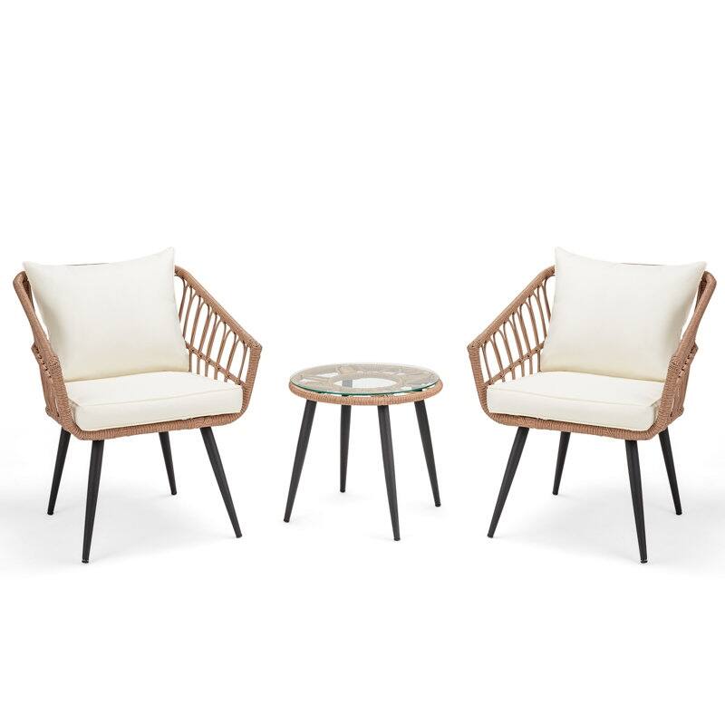 2-Person Outdoor Bistro Set with Cushions, All-Weather Patio Furniture Rattan Chairs & Tempered Glass Table for Porch