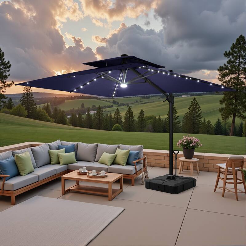 9 FT x 11 FT Outdoor LED Lighted Double Top Patio Cantilever Umbrella with Base - Navy Blue
