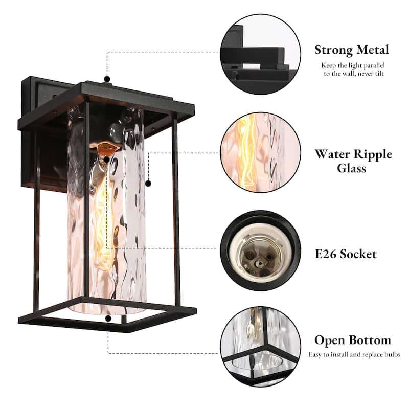 Modern Farmhouse 1-Light Black Outdoor Wall Sconces Water Ripple Glass Porch Lantern - L 13.4" x W 6.7" x H 8.3"