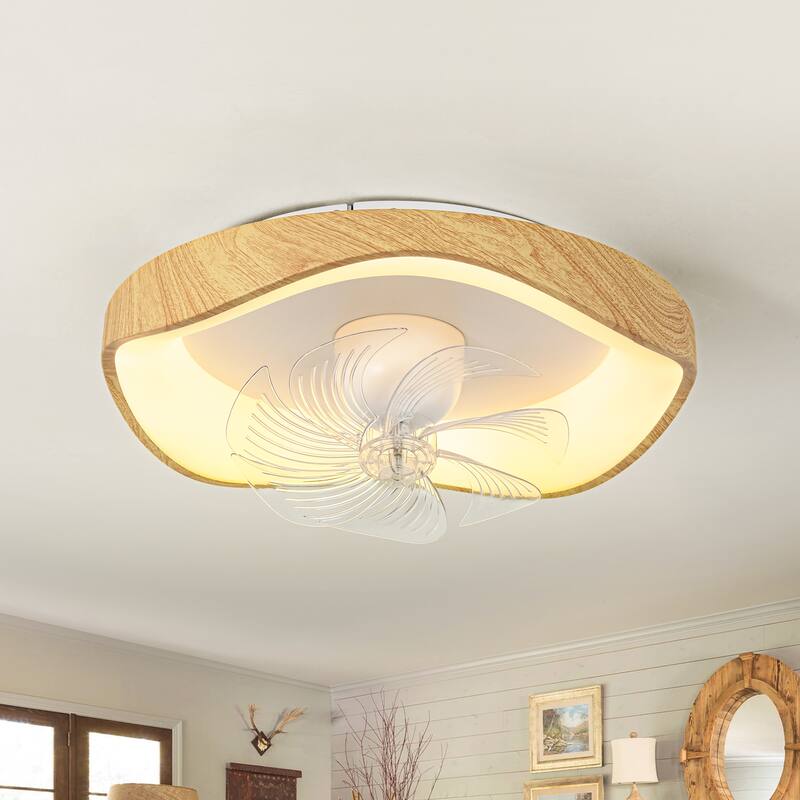 20.5" Modern Farmhouse Wood Ring Flush Mount LED Fandelier with Remote