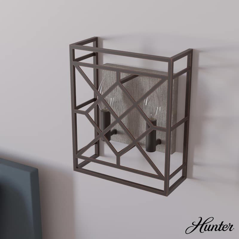Hunter Langwood 2-Light Wall Sconce - Modern Farmhouse, Shabby Chic - Damp Rated - Bathroom, Laundry - Onyx Bengal-Barnwood
