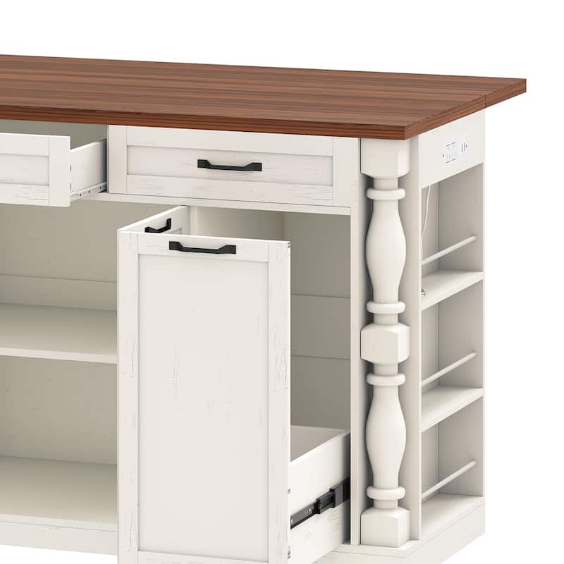 Moasis 47.6 inch Mobile Kitchen Island with Drop Leaf and Power Outlet&Pull-Out Trash Can Storage