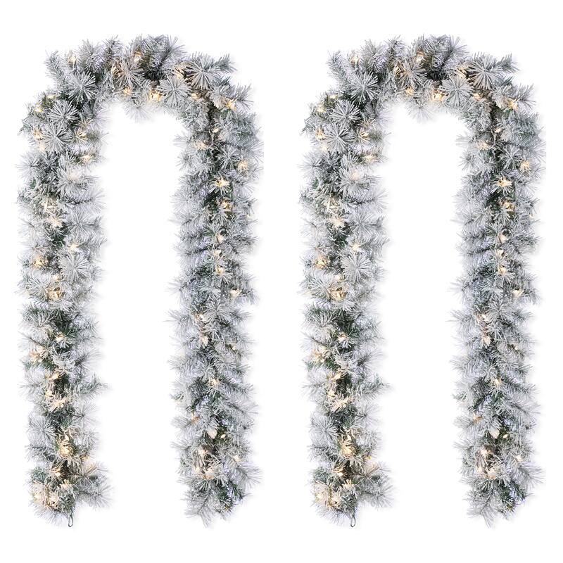Glitzhome Pre-Lit Snow Flocked White/Greenery Pine Garland & Wreath & Teardrop - Set of 2 "9ft Garland" with Greenery Pine