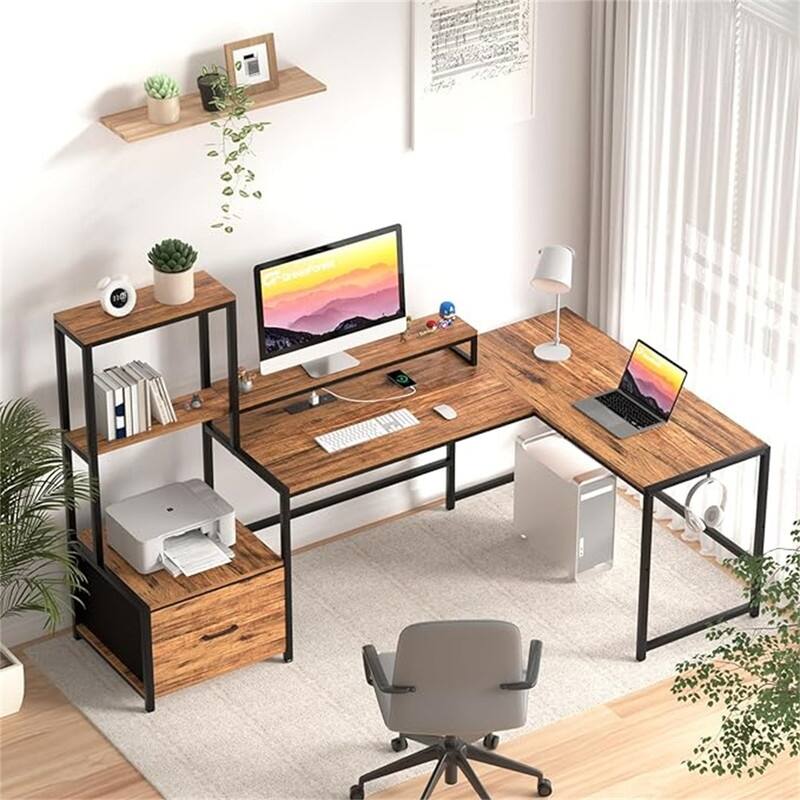Shaped Desk with Power Outlets - 18.89"D x 70.07"W x 29.52"H - Walnut