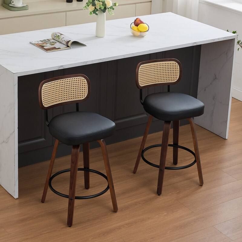 26" Swivel Rattan Bar Stools - Walnut Finish Counter Height Stools with Upholstered Seat