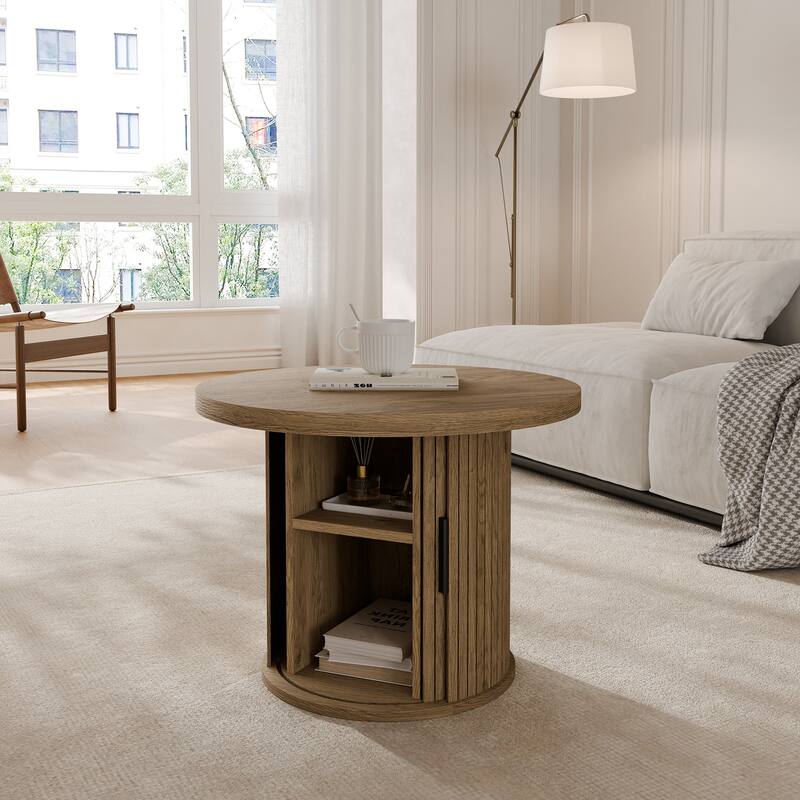 Mid Century Modern Round Coffee Table with Storage, Tambour Door Design Table for Living Room