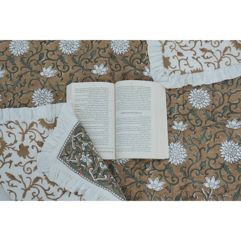 Fabdivine Luxury Hand Block Print Cotton Quilt Floral Boho Bedding for Bedroom & Sofa, Mustard, Handmade Reversible Bedspread