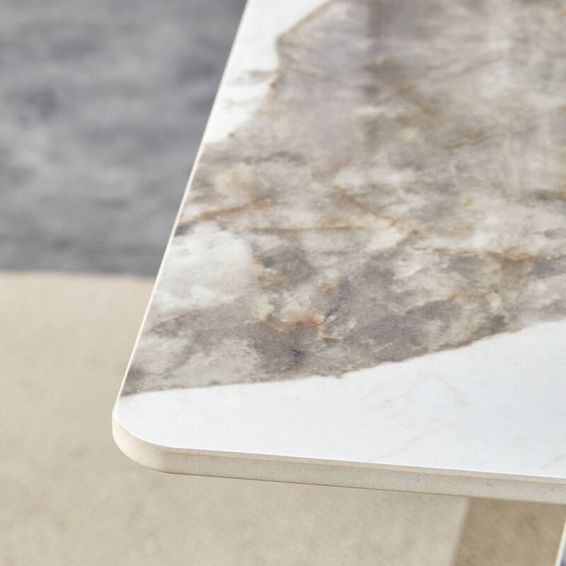 Marble-Patterned Slab Dining Table with Stainless Steel Butterfly Legs，The tabletop is designed to be scratch and heat resistant