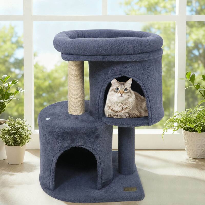 Costway 26” Small Cat Tree with Large Padded Plush Perch, 2 Condos, - See Details