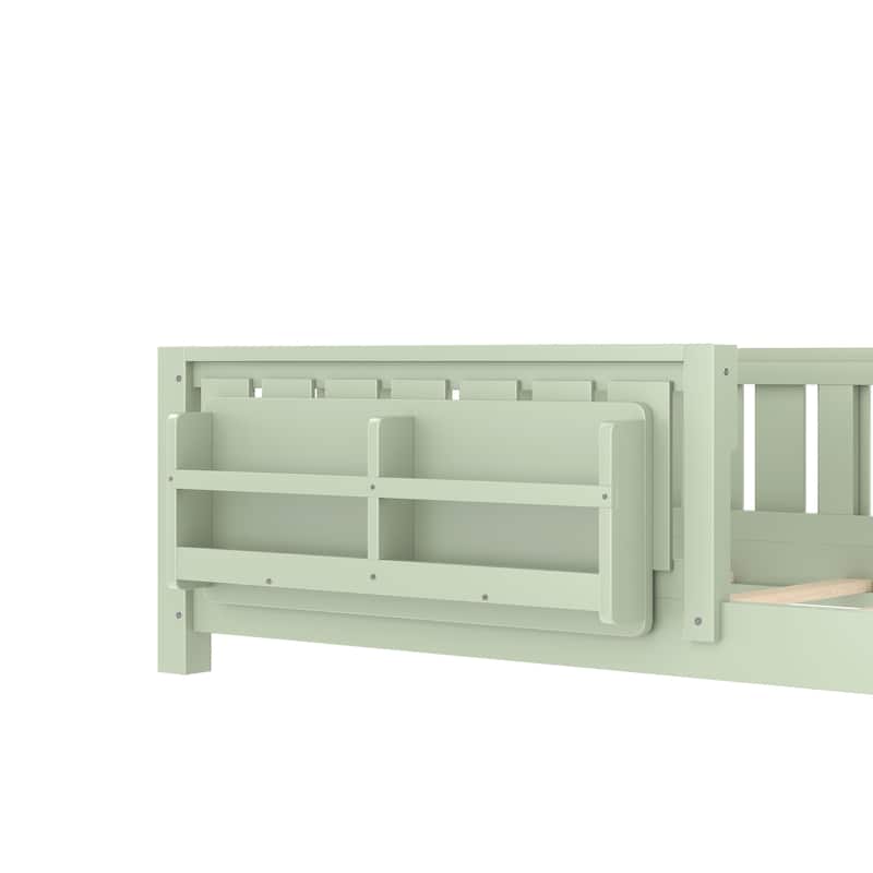 Low Profile Montessori Bed Floor Platform Bed with Fence and Bookshelf