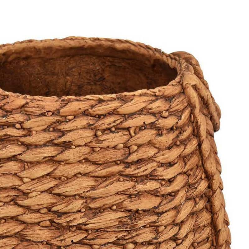 Reno 12 Inch Planter, Rope Woven Design, White and Brown Finished Resin
