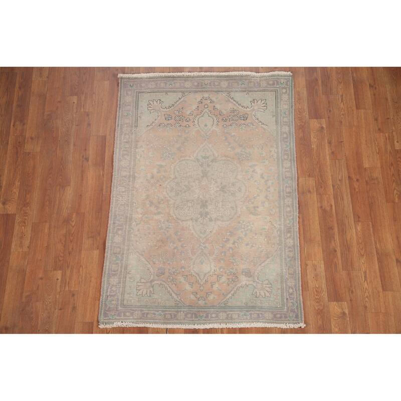 Hand Knotted Oriental 100% Wool Carpet Traditional Floral Pink Tabriz Area Rug - 4' 7'' X 3' 1''
