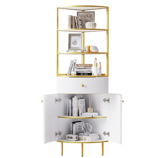 Corner Bookshelf Standing Corner Shelf with 1 Drawer and 2 Doors