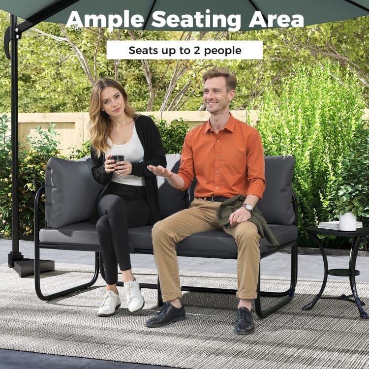 Grey-Black Metal Fabric Outdoor Loveseat with Cushions Patio Seating - 45.5" x 25.5" x 23.5"
