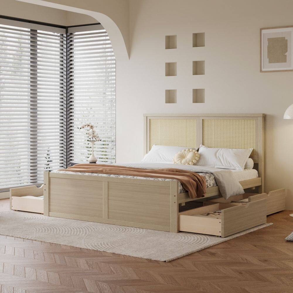 Full Size Wood Storage Platform Bed with 4 Drawers, Rattan Headboard