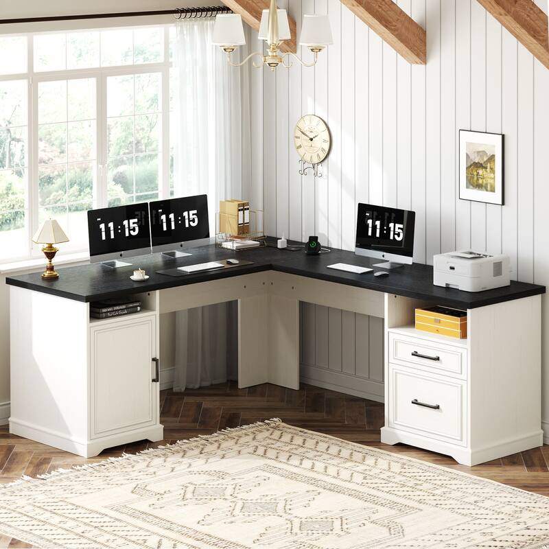 French Country L Shaped Desk with Charging Station, Office Computer Table with File Cabinet - White&Black