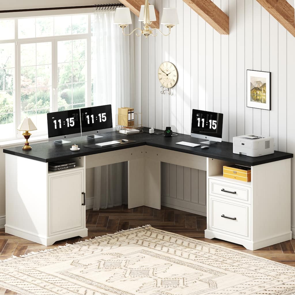 French Country L Shaped Desk with Charging Station, Office Computer Table with File Cabinet