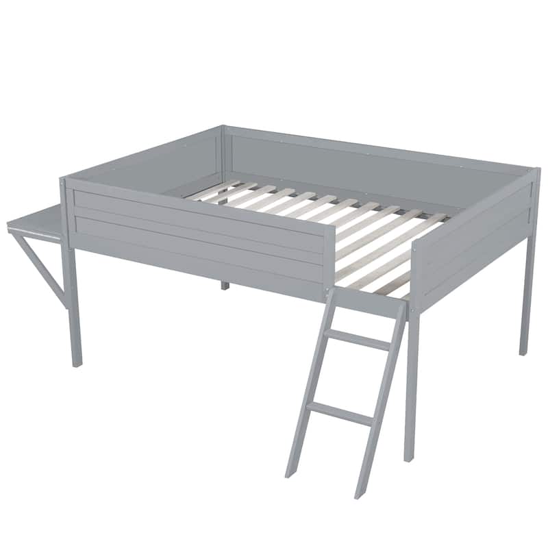 Grey Full Size Wooden Loft Bed with Built-in Gaming Desk, Multi-Color LED Lighting, and Space-Saving Design for Kids and Teens