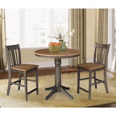 36" Round Wood Extension Dining Table with 2 Counter Height Bar Stools - N/A