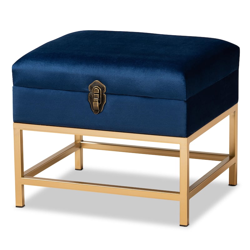 Aliana Glam and Luxe Velvet and Gold Metal Small Storage Ottoman - Navy