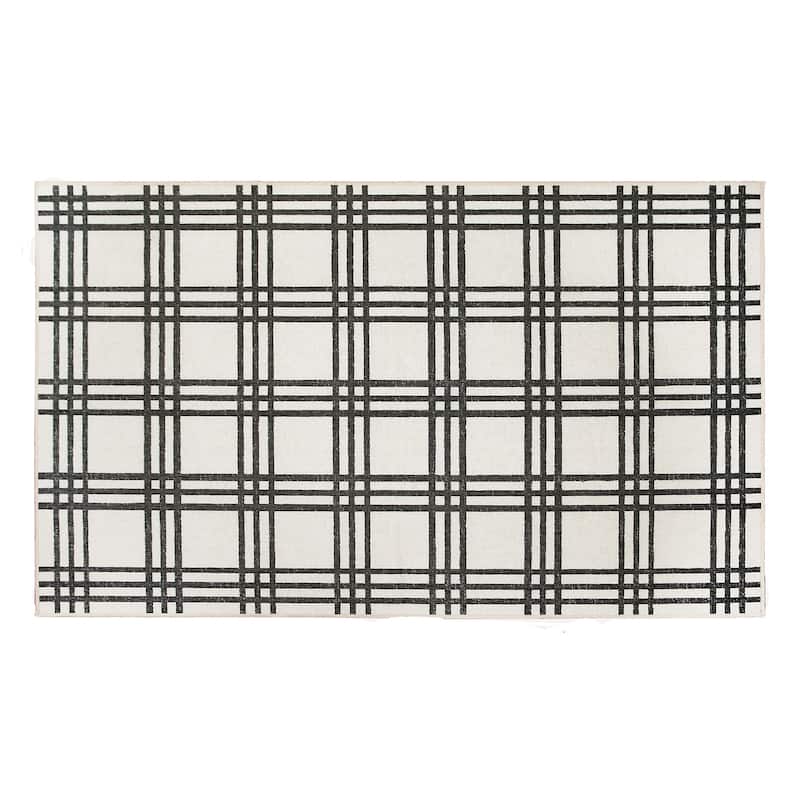 My Magic Carpet Machine Washable Area Rug Plaid Black And Cream