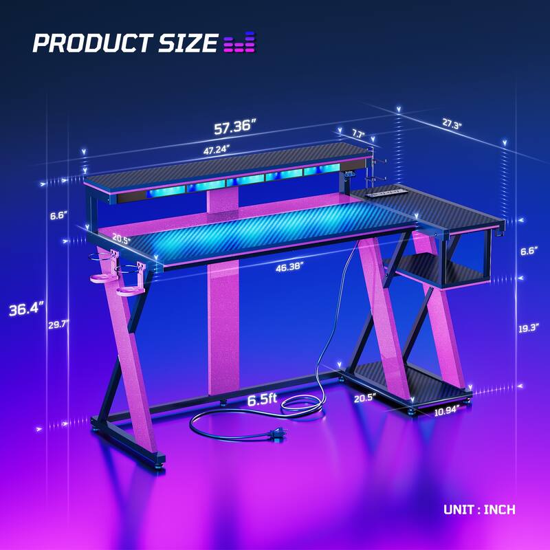 57 in. L Shape Gaming Desk with LED Lights Monitor Stand Power Outlets Cup Holder and Headphone Hook