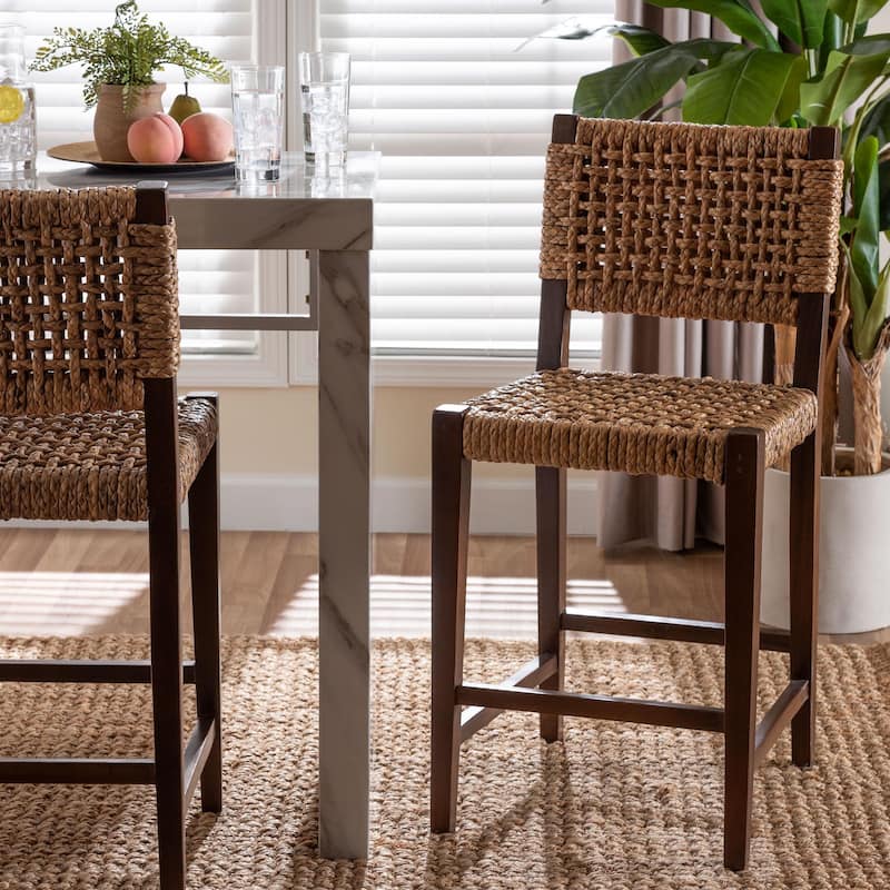 Alise Handwoven Seagrass Counter Stool with Mahogany Wood - Counter-Height Chair for Kitchen Island or Home Bar