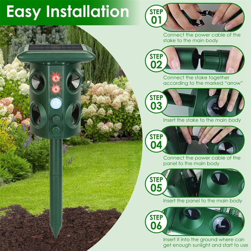 Solar Ultrasonic Animal Repeller Solar Powered Repellent Chaser w/ IP54 Waterproof Sound Flashing Light