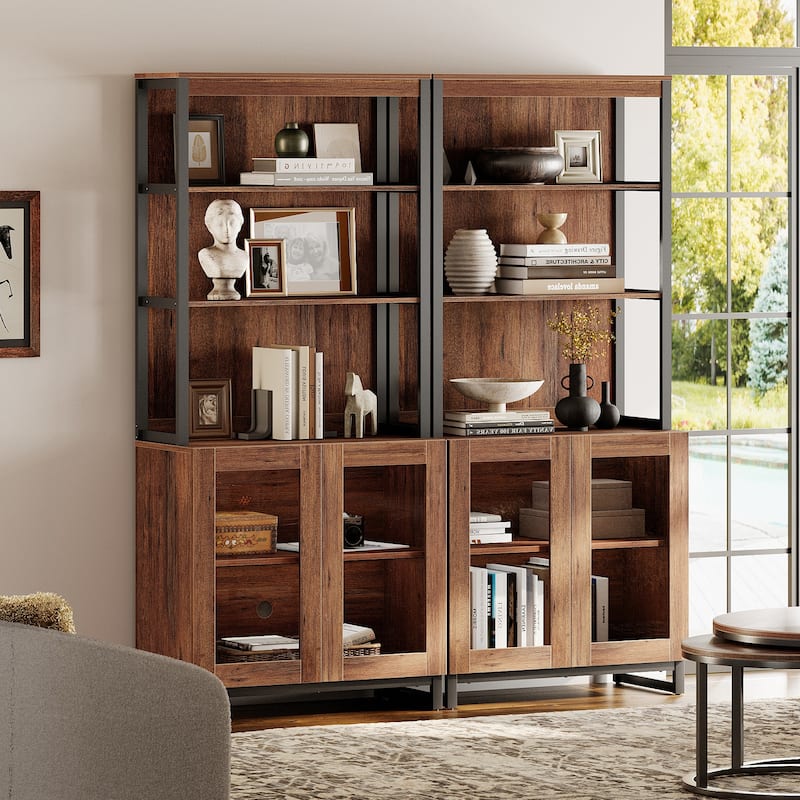 2 PCS Modern 72" Tall Bookcases with Glass Doors and Adjustable Shelves for Home Office, Living room.