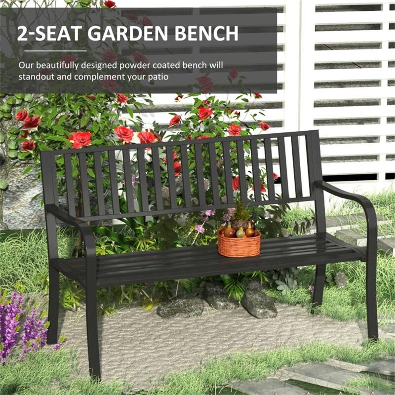Outdoor Steel Garden Bench with Armrest and Backrest Weather Resistant Patio Seat for Yard Porch and Park