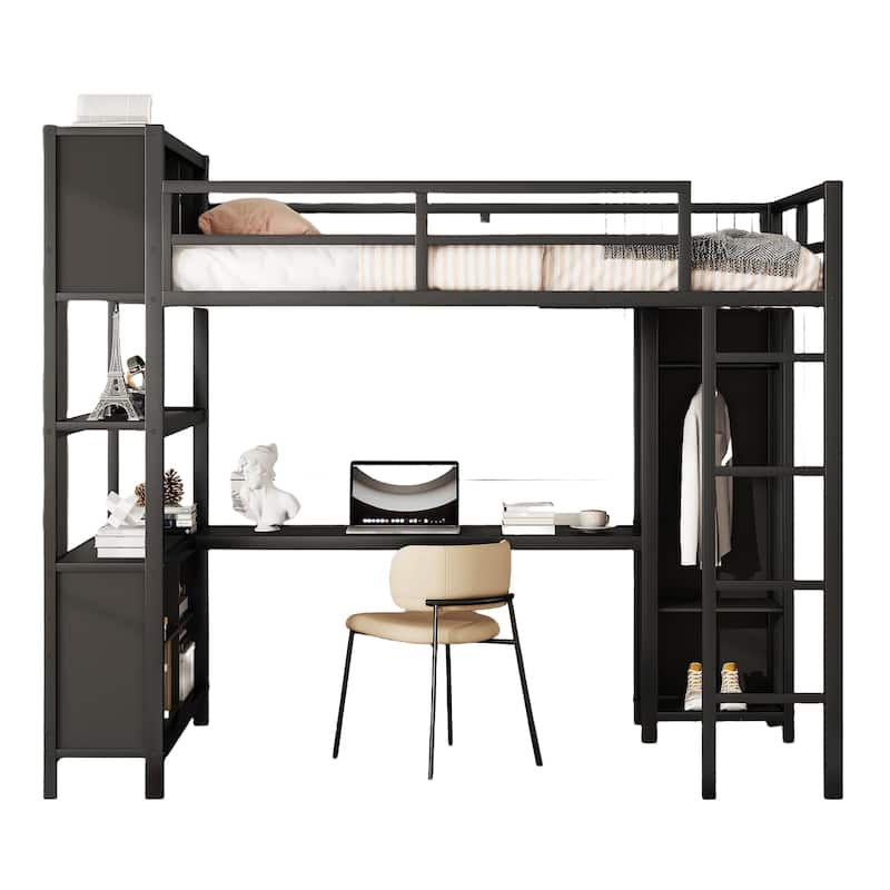 Full Size Metal Loft Bed with Wardrobe and L-shaped Desk and Shelves