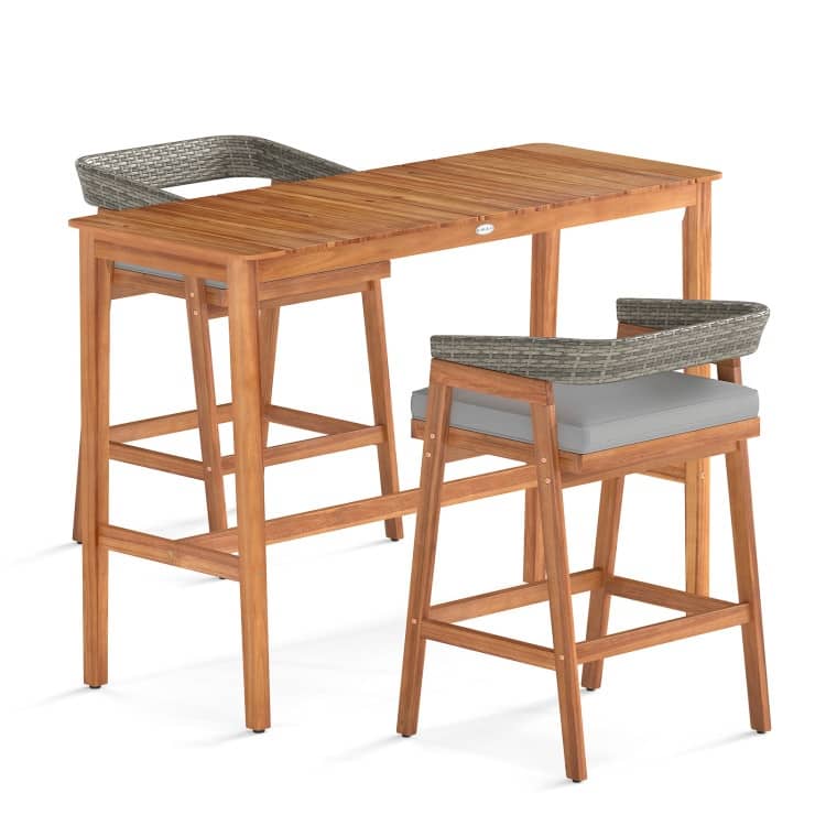 3 Piece Grey Rattan Acacia Wood Patio Bar Set with Cushions and Adjustable Feet - Chair: 22” x 21” x 35” (L x W x H)