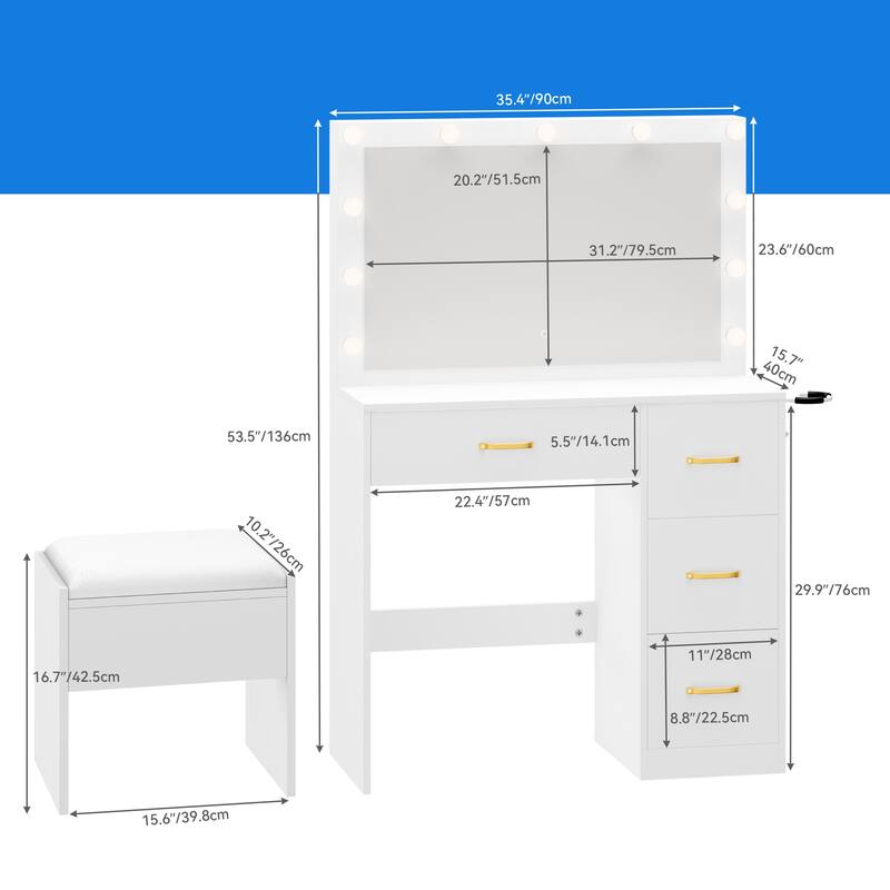 Moasis Vanity Makeup Table Dressing Desk Set w/ Stool 11 LED Lighted Mirror for Bedroom - 35.43''L x 15.74''W x 53.54''H