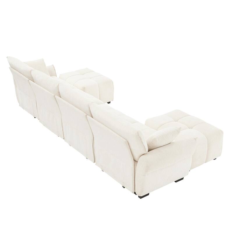 4-Seater Sofa Set with 2 Ottomans, Solid Wood Frame with Premium Chenille Fabric, and High-Resilience Cushions - White