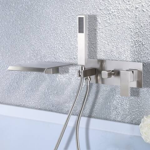 Wall Mounted 2-Handle Tub Faucet with Waterfall Spout, Square in-wall Bathtub Faucet Set with Shower in Black/Gold/Nickel