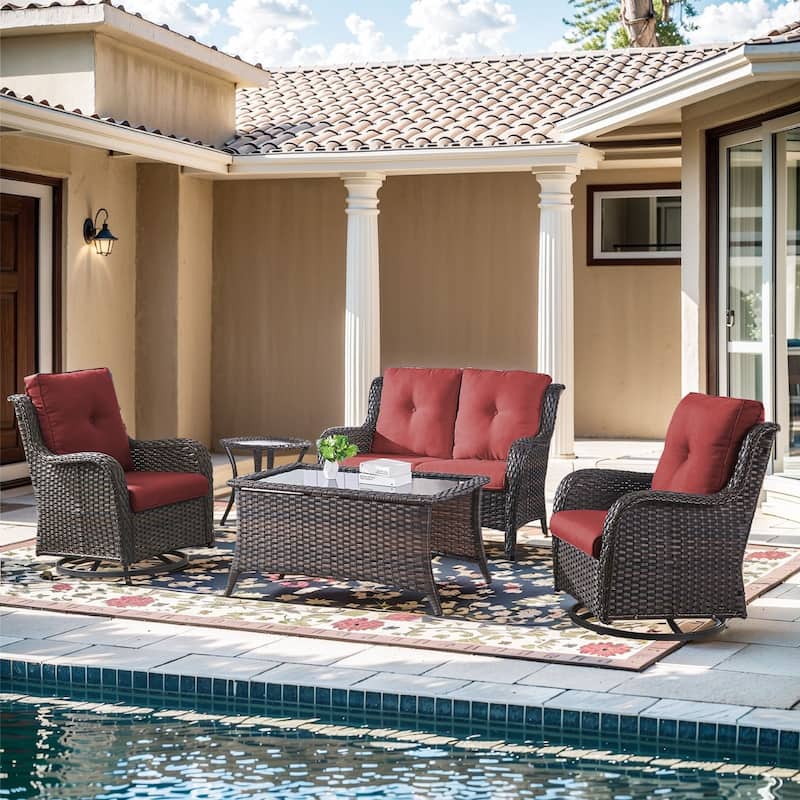 Pocassy 4 Pieces Outdoor 4 Inch Sofa Swivel Chairs Table - Red cushion - Brown Wicker