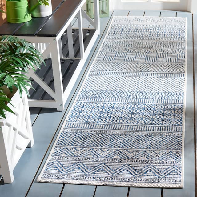 SAFAVIEH Courtyard Zorana Indoor/ Outdoor Waterproof Patio Backyard Rug - 2'3" x 8' Runner - Ivory/Navy