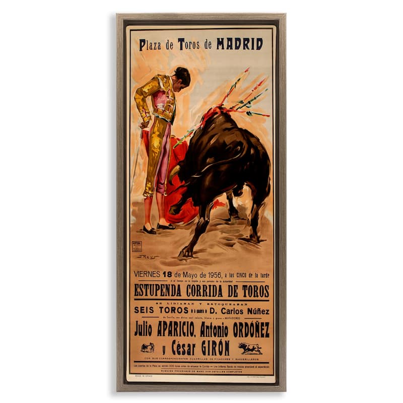 Stupell Great Bullfight Antique Advertisement Framed Floater Canvas Wall Art Design By Marcus Jules - 15 x 31 - Brown