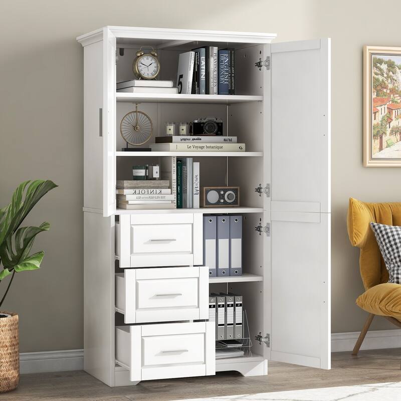 Tall & Wide Storage Cabinet with 3 Drawers and Doors, for Bathroom or Office Organization - White
