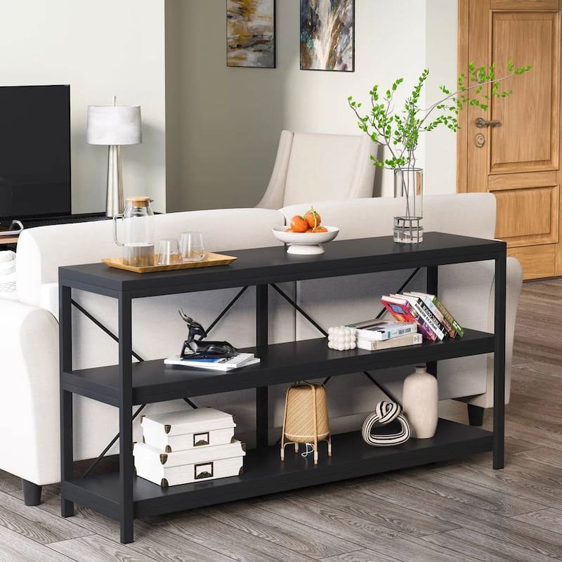 55 Inch Wooden Console Table with Sturdy Metal Frame Shelves for Storage and Decoration - 55.12”L x 11.81”W x 29.92”H