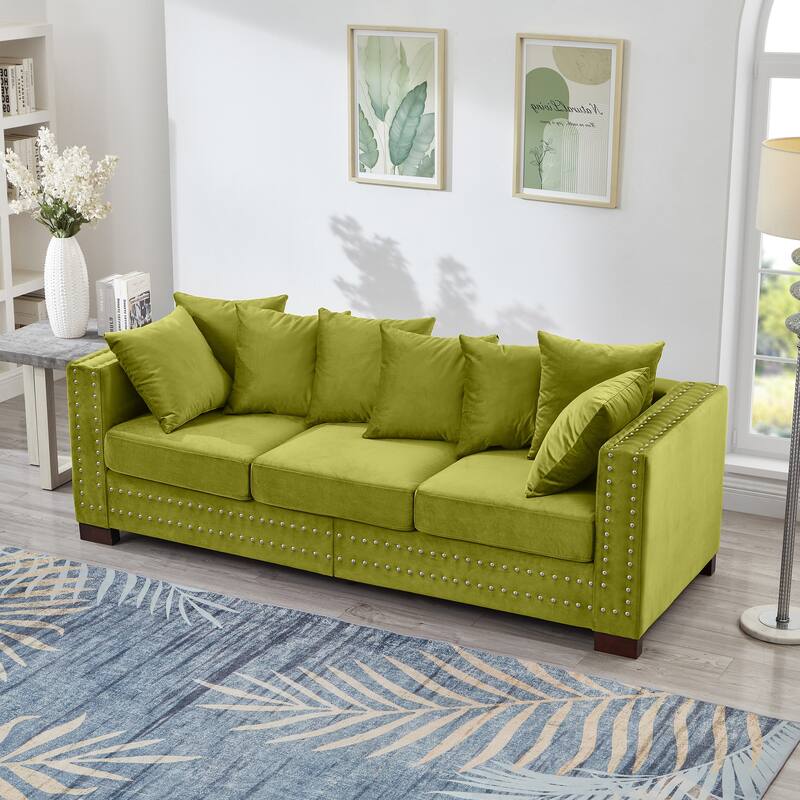 Silver Nails Decoration Lounge Couch 3 Seater Velvet Storage Sofa - Green