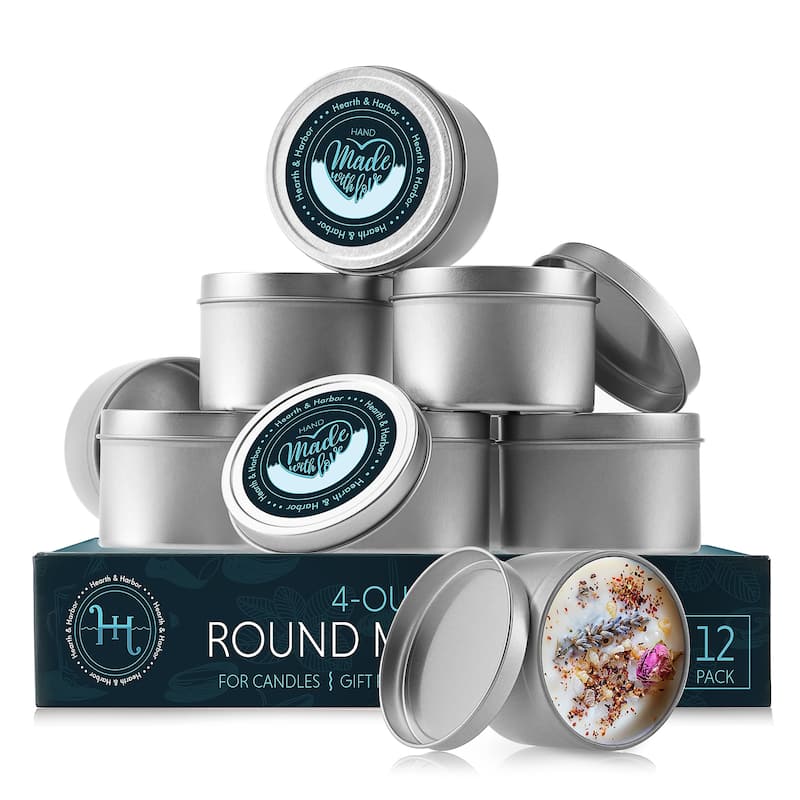 Hearth & Harbor Candle Tins - Candle Jars for Making Candles - DIY Candle Containers with Lids - 4Oz - Set of 12 - Stainless Steel