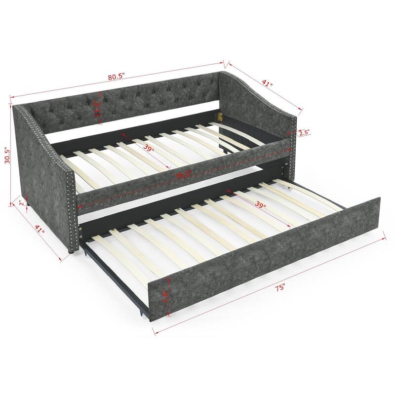 Modern Twin Size Daybed with Button Tufted Back, Wood Frame Upholstered Sofa Bed with Casters, Copper Nail Decorative Armrests